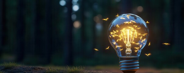 Light bulb glowing in a forest setting with fireflies