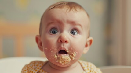 Close-up of a baby&acirc;&euro;&trade;s face while eating, showing enjoyment and curiosity