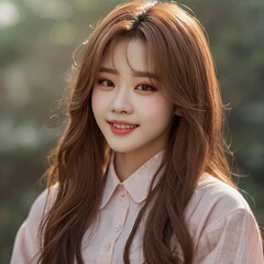 Fototapeta premium Young woman smiling outdoors in soft sunlight during autumn, showcasing natural beauty and warm colors