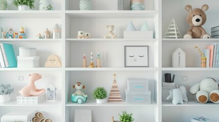 Organized baby room with shelves filled with baby essentials and books