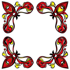 Colorful abstract floral design with red, yellow, and black accents in four corners.