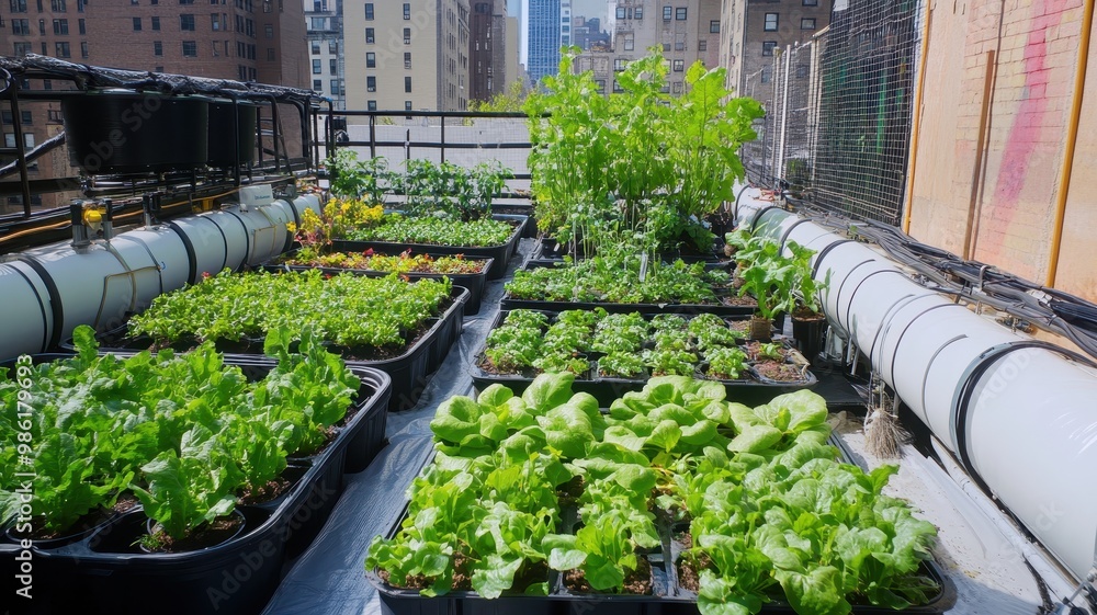 Wall mural a vibrant rooftop garden filled with various leafy greens cultivated in containers, showcasing urban