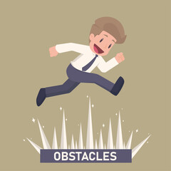 ฺBusiness jump over obstacles, overcome obstacles or motivation to solve problem and lead company achievement concept