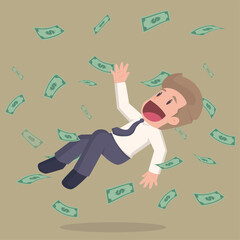 Happy Businessman Jumping Under Money Rain. Business Success. Vector illustration