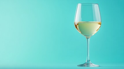 Fototapeta premium A clear wine glass with crisp chardonnay, placed on a baby blue pastel background, a modern, clean aesthetic.