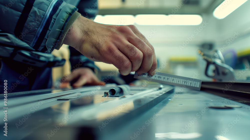 Poster a skilled worker measures with precision using ruler on workbench, showcasing attention to detail in