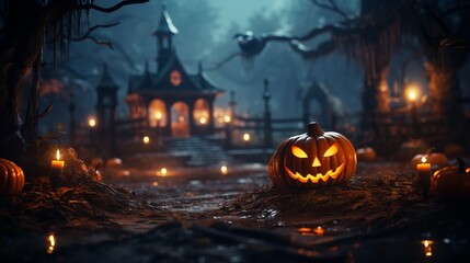 Obraz premium A Halloween scene with a pumpkin with a scary face and a house in the background. Scene is spooky and eerie