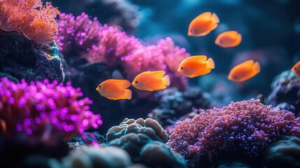 Obraz premium vivid underwater scene bioluminescent coral reef glowing under blacklight neoncolored tropical fish darting through surreal and dreamlike atmosphere with vibrant purples and blues