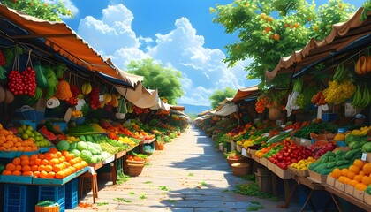 Charming rustic market street bustling with vibrant stalls of fresh fruits and vegetables beneath a...