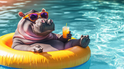 A playful, cheerful hippo wearing sunglasses and relaxing on a bright pool float, sipping a drink under the sun.