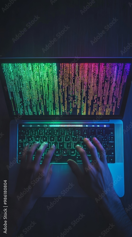 Aufkleber Hands typing on a laptop with rainbow-colored code, symbolizing advanced coding and IT work at night.