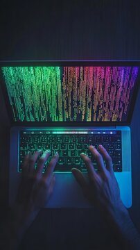 Hands typing on a laptop with rainbow-colored code, symbolizing advanced coding and IT work at night.