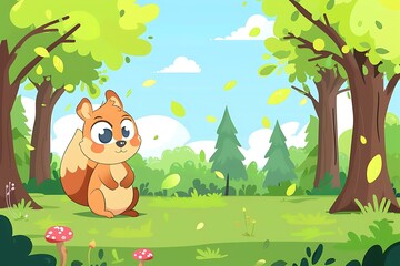 Cute Cartoon Squirrel in a Green Forest