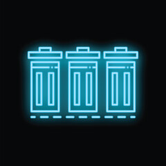 Three blue neon trash cans glowing against a black wall