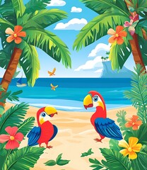 Tropical Paradise Beach Illustration with Two Parrots