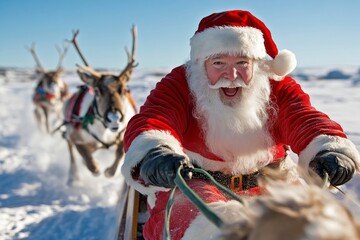 Santa's Joyride: A jolly Santa Claus races through a snowy landscape with his reindeer, spreading Christmas cheer with every hearty laugh. 