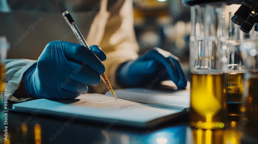 Poster close-up of a scientist's hand writing notes in a laboratory setting