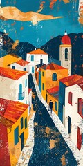 Colorful Illustration of a Town with Buildings and People