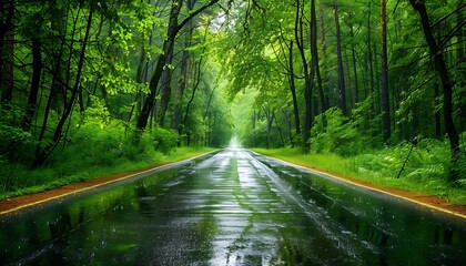 Obraz premium Rainy asphalt road in the forest with yellow line and rain drops