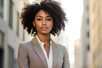 Portrait of a beautiful afro american woman in suit outdoors 