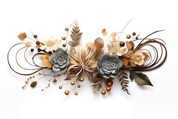 Naklejka premium A rustic arrangement of ribbon flowers in earthy tones, adorned with natural elements like twigs, berries, and dried leaves.