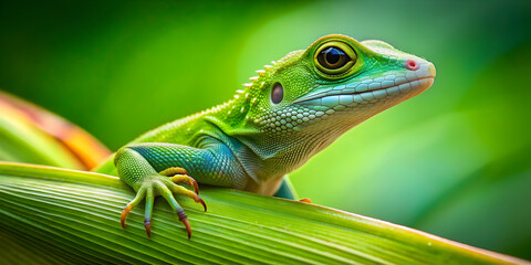Fototapeta premium Green lizard perched on a vibrant leaf, lizard, green, reptile, nature, wildlife, tropical, exotic, scales, camouflage, leaf