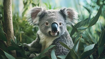 Koala sitting in eucalyptus leaves in natural habitat. Wildlife, Australian animals and biodiversity