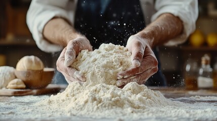 Fototapeta premium A cheerful baker joyfully kneading flour on a wooden countertop in a cozy kitchen filled with warm light