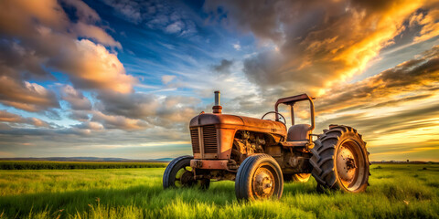 Old rusty tractor sitting abandoned in a vast field, tractor, vintage, farm, machinery,...