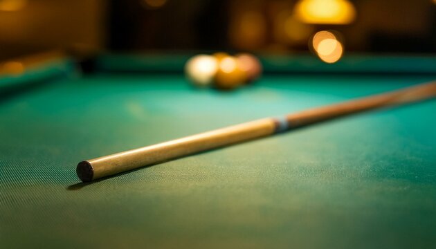 Close-up em um taco de sinuca ou bilhar em cima de uma mesa e ao fundo o restante desfocado