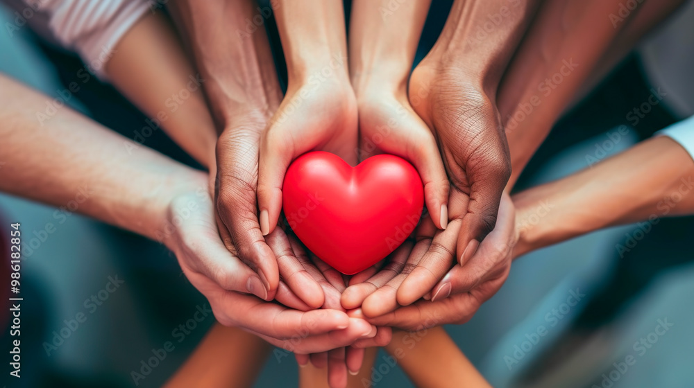 Wall mural Hands holding small red heart. United diversity or multi-cultural partnership in a group	