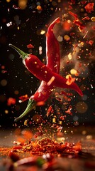 Red hot chili pepper with drops of water on a dark background