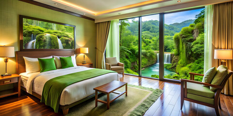 Resort hotel room with view of trees, waterfalls, and green color scheme , resort, hotel room, trees