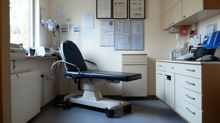 Examination Room Interior with a Medical Examination Table, Cabinets, and Window.