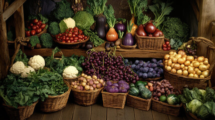 A vibrant farmer market stall filled with an array of fresh, organic vegetables and fruits in baskets.