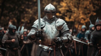 A medieval knight in full armor, holding a sword in front of his face.