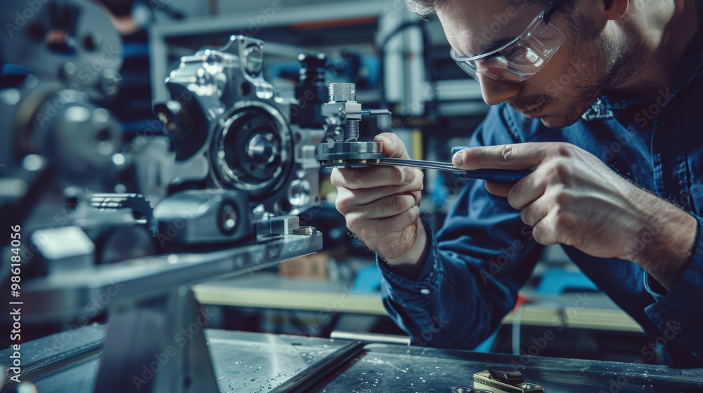 Aufkleber a focused technician is meticulously inspecting mechanical component in workshop, showcasing precisi