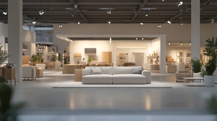 A blurred view of a bustling furniture fair showcasing modern designs and innovative styles in a spacious exhibition hall filled with light and creative displays