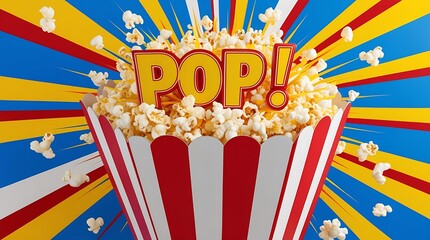 Fun and energetic image of a red and white striped popcorn box spilling popcorn, featuring bold comic 'POP!' text and a colorful burst background, ideal for posters or entertainment designs.