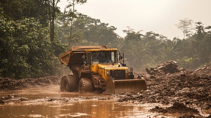Obraz premium A yellow dump truck drives through a muddy road in the middle of a rainforest.