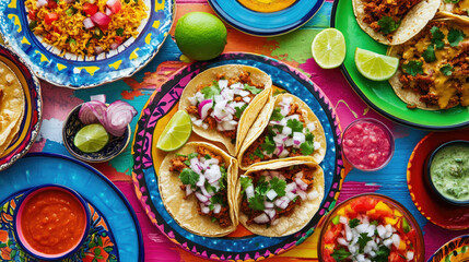 A vibrant taco stand with a variety of tacos topped with cilantro, onions, and lime wedges on colorful plates.