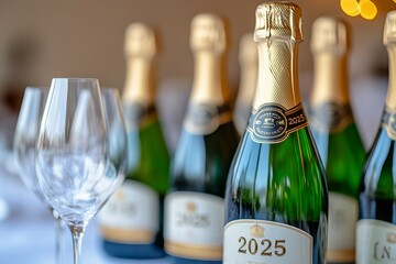 Champagne Celebration: A close-up of sparkling wine bottles, each with a vintage year label, awaits a toast.  This image embodies festivity, luxury, and the joy of celebration. 
