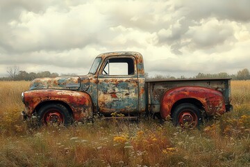 weathered vintage farm truck rustcovered body faded paint overgrown field setting nostalgic rural americana atmosphere