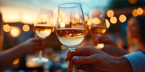Golden Hour Toasts: Friends raise glasses of sparkling wine under a canopy of twinkling lights, celebrating life and friendship in a warm, inviting atmosphere.