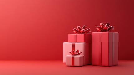 Obraz premium Red and pink gift boxes with red ribbon bows on a red background.