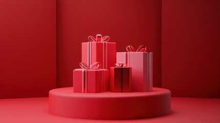 Red gift boxes with ribbons on red platform.