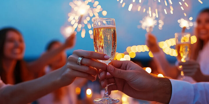 Sparkling Celebration Under the Stars: A toast to unforgettable moments, love, and joy as friends gather for a magical celebration under a canopy of sparkling fireworks.
