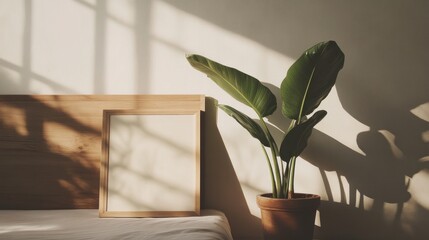 Empty Picture Frame on a Bed with a Green Plant and Sunlight.