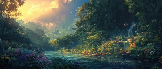 A vibrant Indian mythology scene with lush forests, sacred rivers, and divine beings in the distance