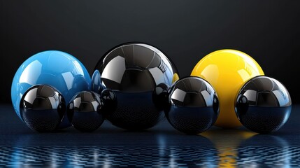 Group of glossy black, yellow, blue balls on dark blue background transparent background